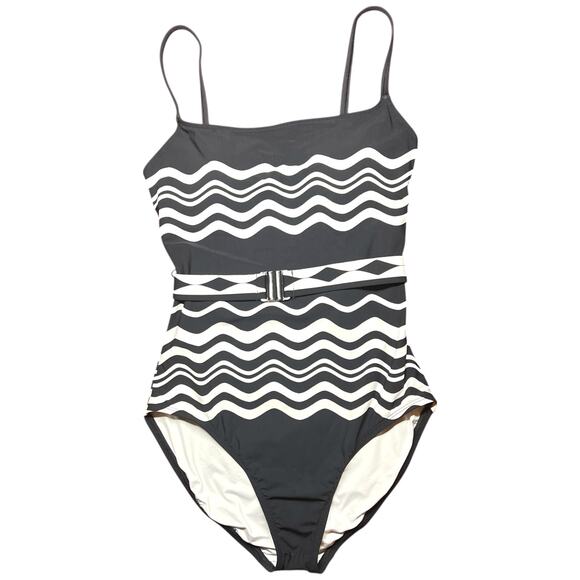La Blanca Other - LA BLANCA One Piece Swimwear Women's Size 10 Black White Wave Design Belted